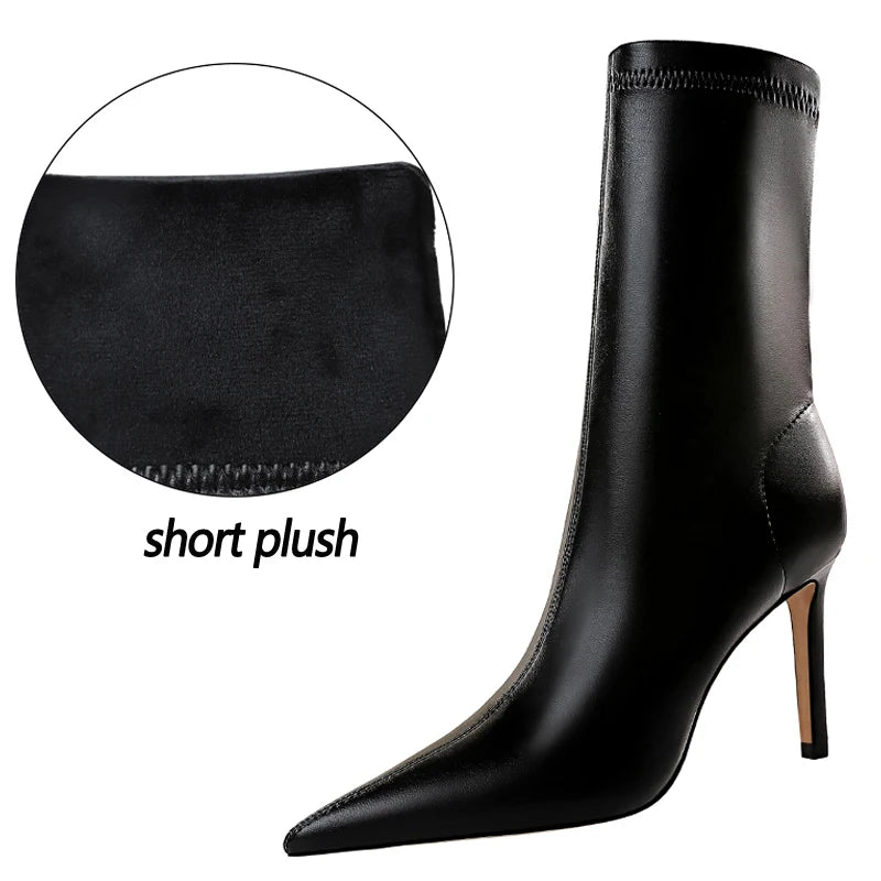 BIGTREE Women's High Heel Leather Boots, Short Ankle Boots, Rinse Shoes, Autumn and Winter