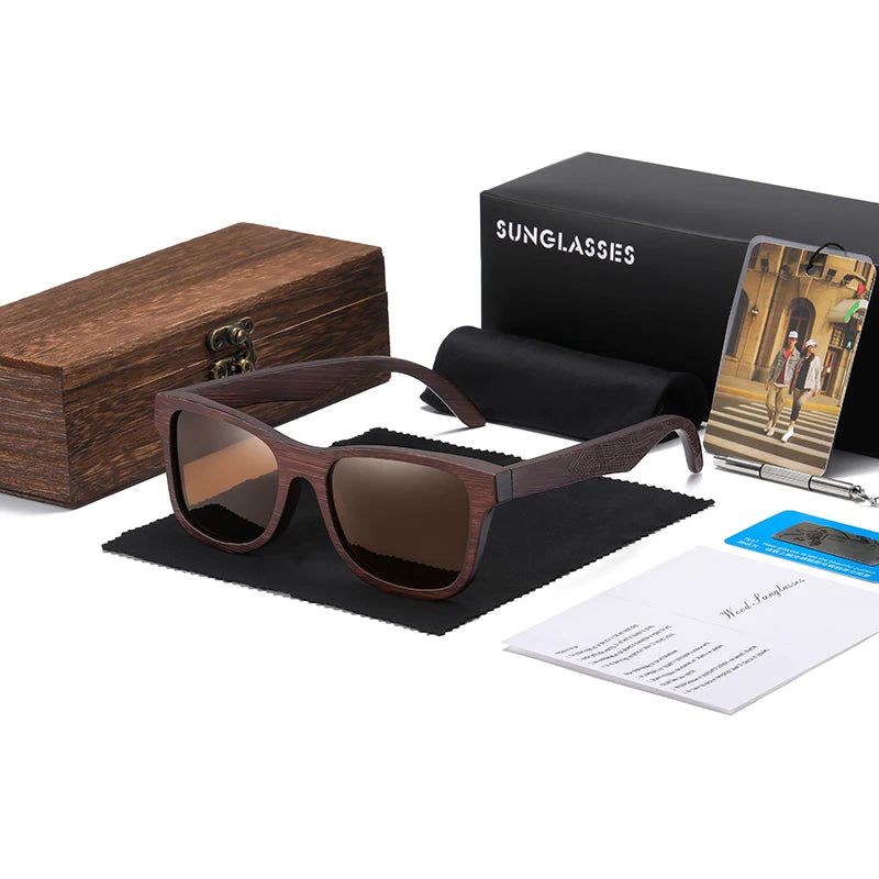 Lunettes de soleil en bois de bambou naturel polarisées faites à la main — miroir, boîte cadeau