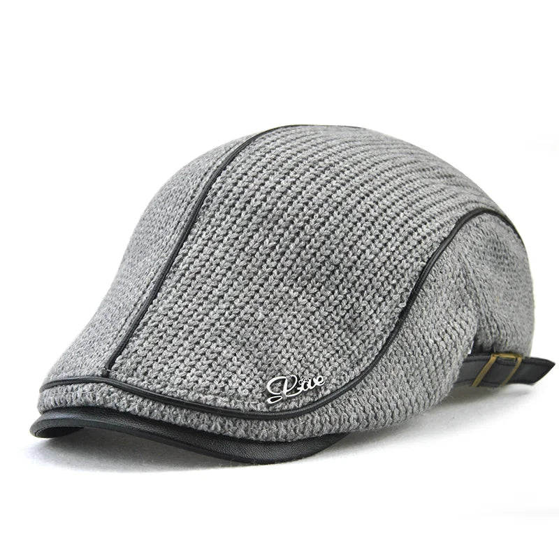 Béret casquette plate tricotée en cuir pour hommes — visière, snapback (v2)