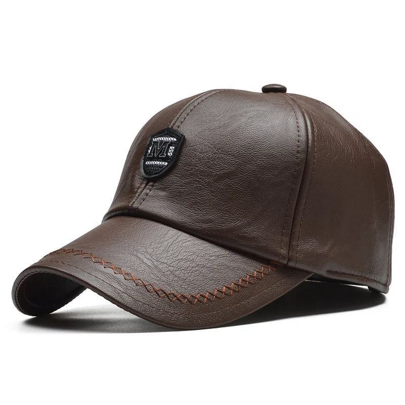 Casquette de baseball en cuir PU d'hiver pour hommes — oreillettes, snapback réglable