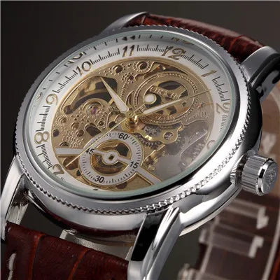 Montre pour hommes squelette mécanique automatique — style Steampunk, bracelet en cuir, horloge