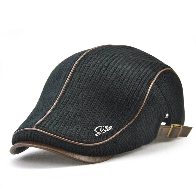 Béret casquette plate tricotée en cuir pour hommes — visière, snapback, haute qualité