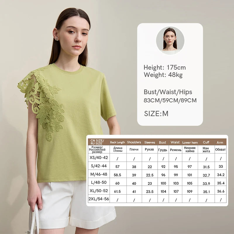 T-shirt femme 2026 été — col rond, coton, anti-transpiration, dentelle asymétrique, ample, manches courtes