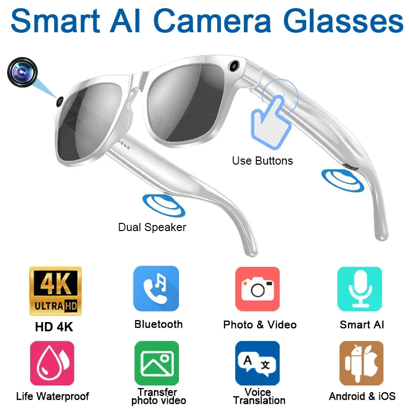 Lunettes intelligentes 4K AI — caméra 100MP, appel Bluetooth, 260 mAh, musique, assistant vocal