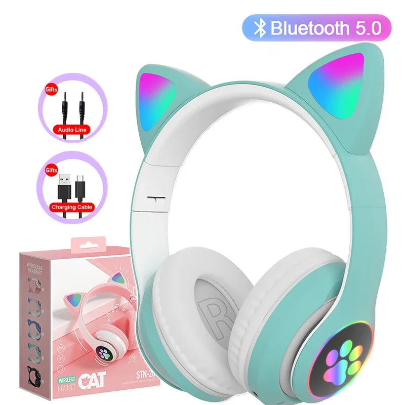 Lampe Flash oreilles de chat mignonnes, casque d'écoute stéréo bluetooth 5.0 avec Support de micro, carte TF, sans fil, pour enfants filles, cadeau d'anniversaire