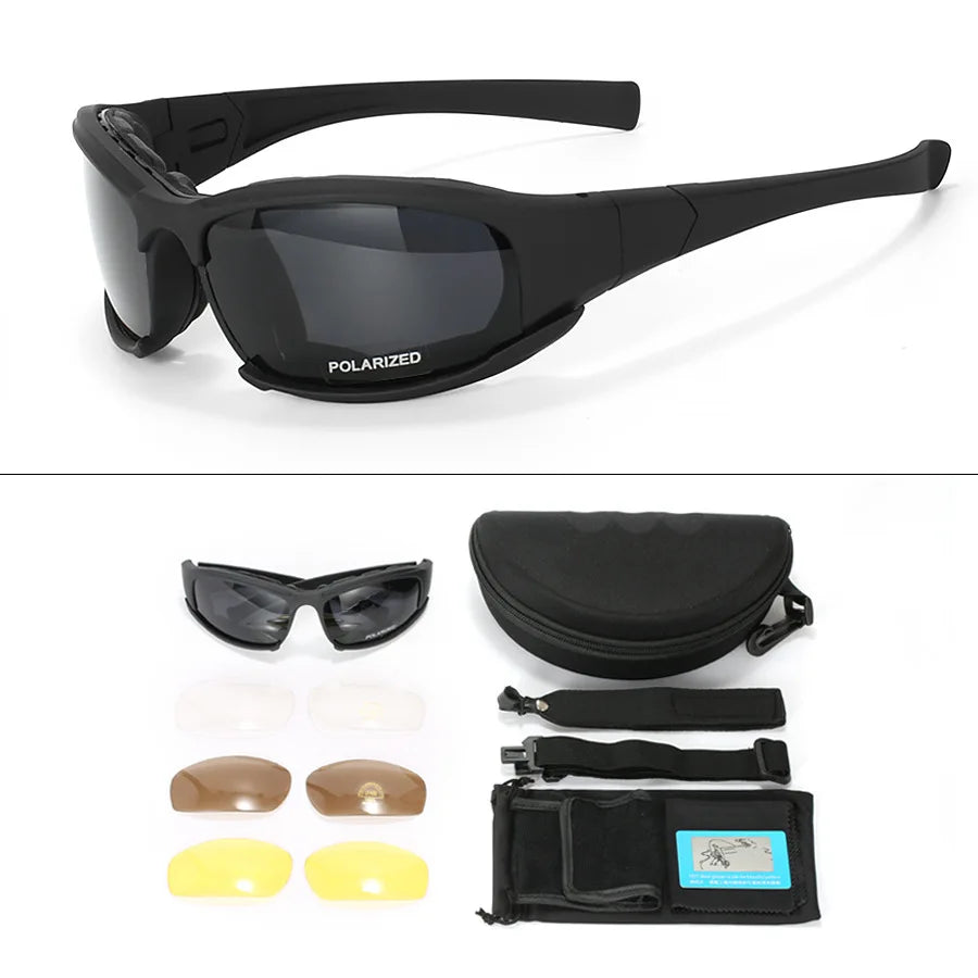 Nouvelles lunettes tactiques à 4 lentilles-lunettes de sécurité polarisées coupe-vent et anti-poussière pour les Sports de plein air (escalade, cyclisme, pêche)