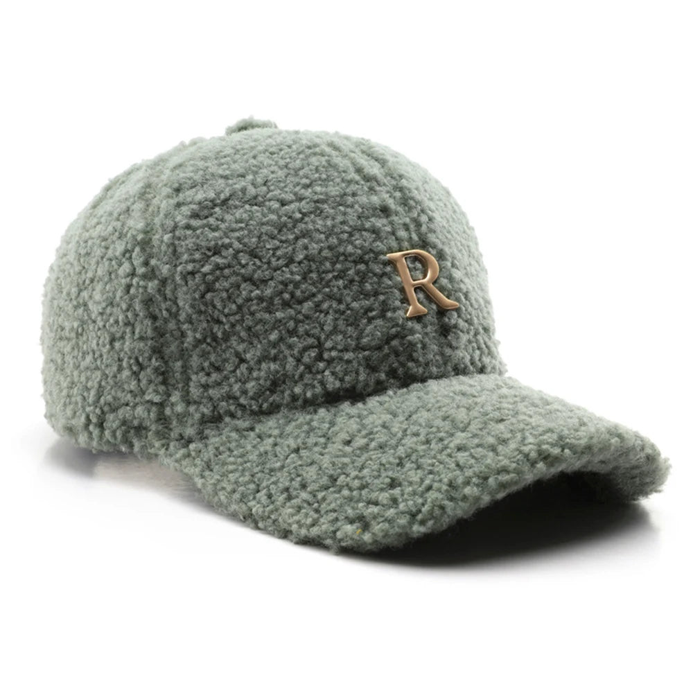 FS Luxury Brand Green Lambswool Baseball Caps for Men, Designer Cap with Golden Letters for Women, Winter Warm Trucker Hat, Women's Cap
