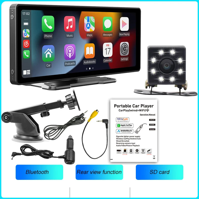 BQCC-Pantalla portátil inalámbrica Carplay, cámara trasera HD, autorradio DVR, reproductor de vídeo MP5, Android Auto, 10.26 pulgadas