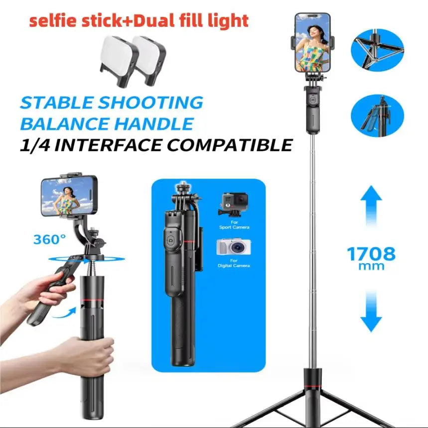 Trépied perche à selfie avec lumière de remplissage — 1708mm, télécommande Bluetooth, rotation 360°, interface 1/4