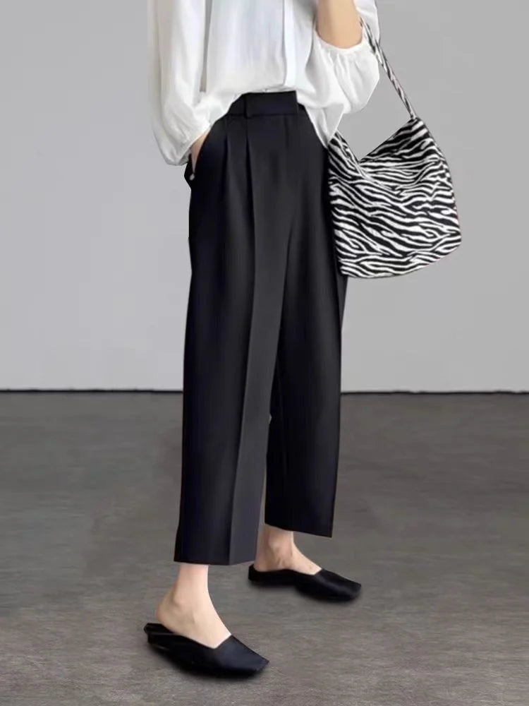 Pantalon de bureau élégant noir et gris pour femmes — taille haute, sarouel, mode, avec poches