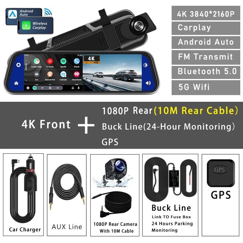 Dashcam 10" 4K GPS 5G WiFi — Rétroviseur Flux AUX Enregistreur FM