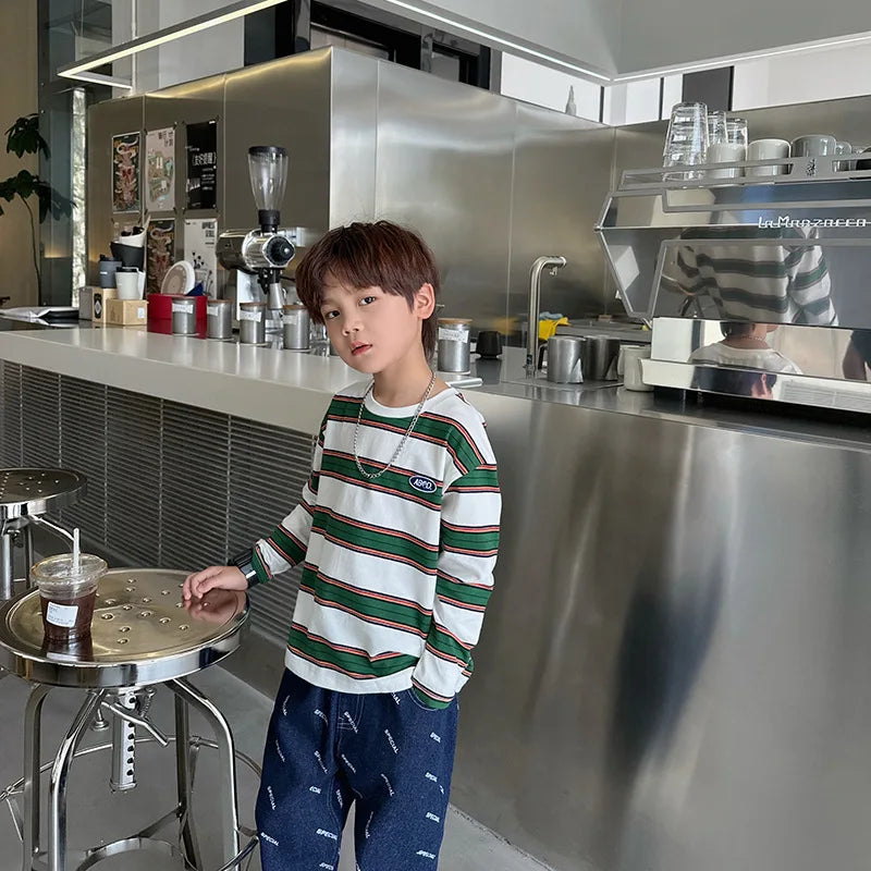 2025 automne enfants vêtements filles manches longues chemises à bascule Cool garçons rayure coton T-shirt adolescent ample décontracté 2-7y enfants haut