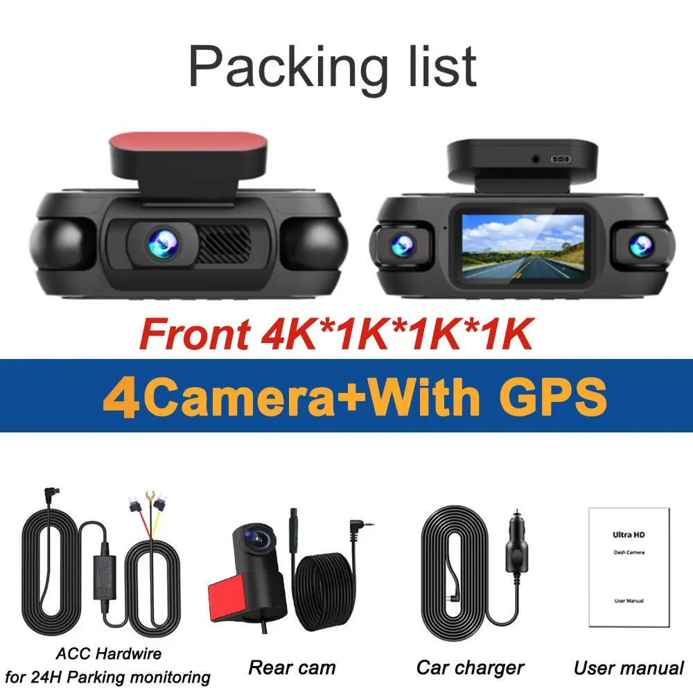 Dashcam 4K 4 Canaux 360° — WiFi GPS Vision Nocturne Avant Arrière Gauche Droite