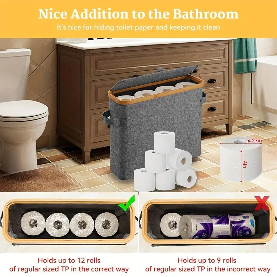 Bamboo Toilet Paper Holder with Lid - Freestanding Bathroom Organizer with Handle, Enclosed Tissue Storage Box