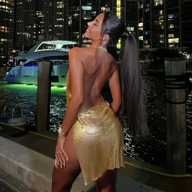 Robe Courte Paillettes Dos Nu Fête Femme — Col Suspendu Sexy Danse