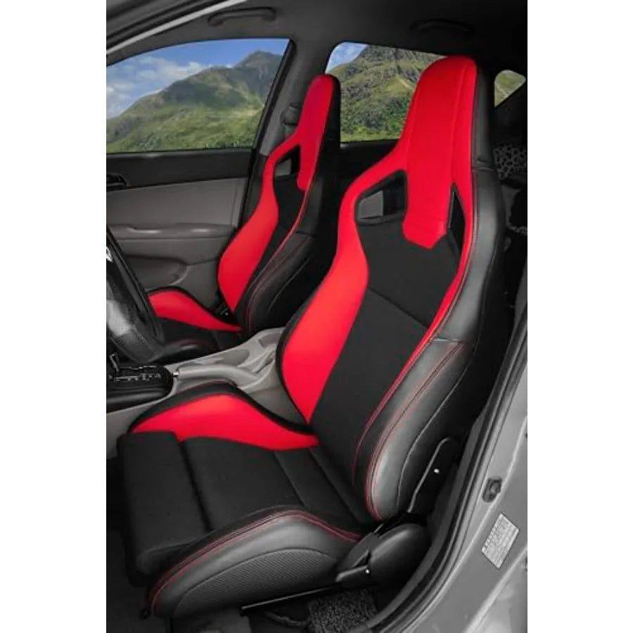 Universal Pair of Racing Seats V2 Series, Red PVC Leather Black Mesh Gloss Fabric, Reclinable Bucket Seats for Central Sports Cars