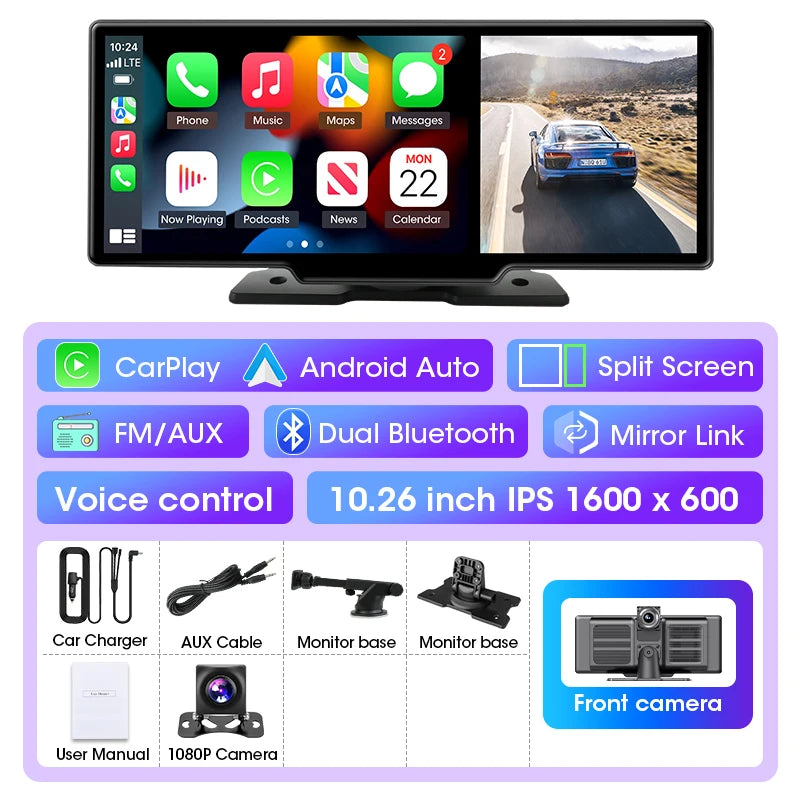4K Car DVR Dash Cam 11.26" Dual Lens Wireless Carplay Android Auto Video Recorder GPS Navigation Monitor 5G Wifi FM AUX
