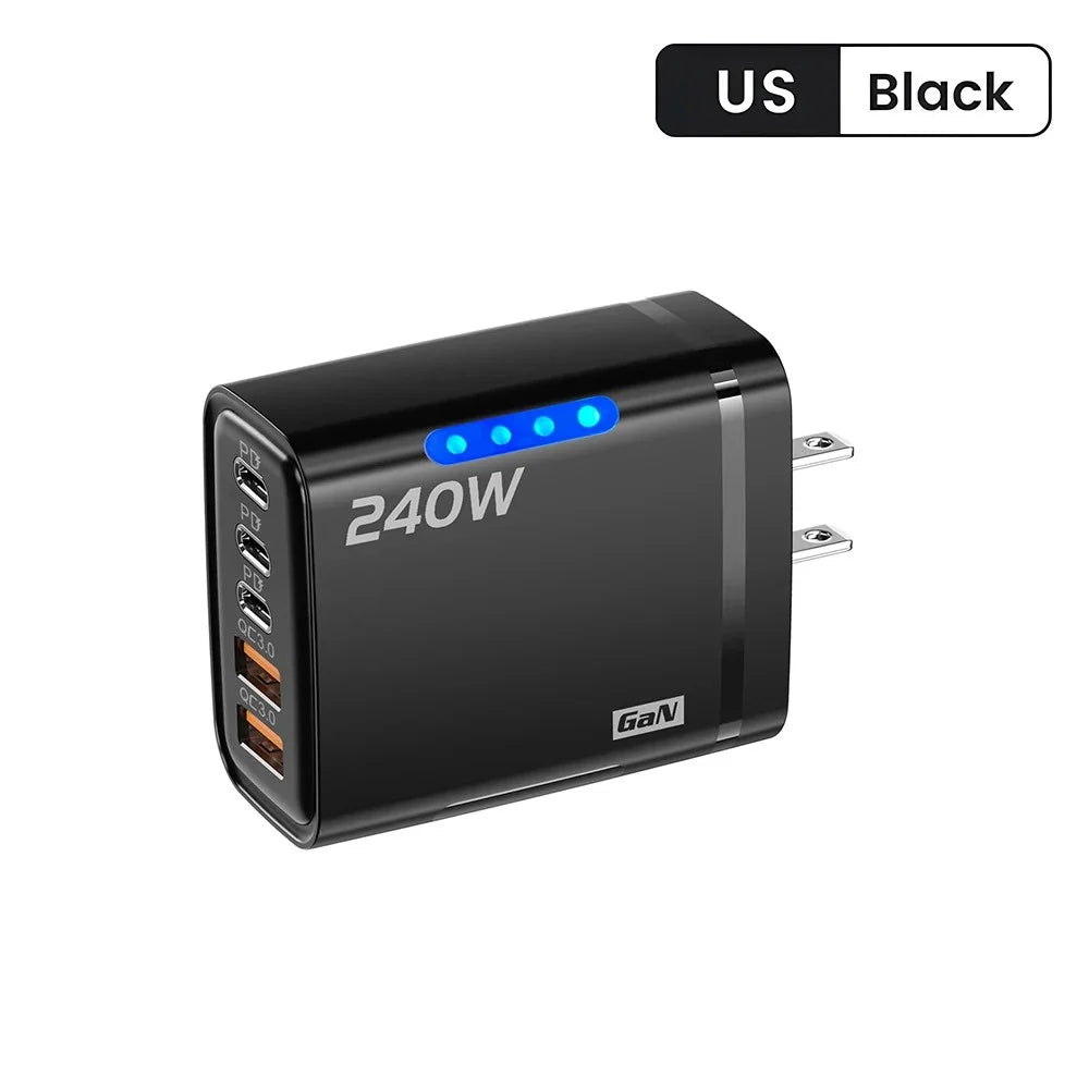 Chargeur de téléphone GaN 5 en 1 240W, adaptateur de charge rapide 10A, câble USB vers Type C, 3 ports PD, 2 ports USB, pour iPhone 16 15 Pro, Xiaomi