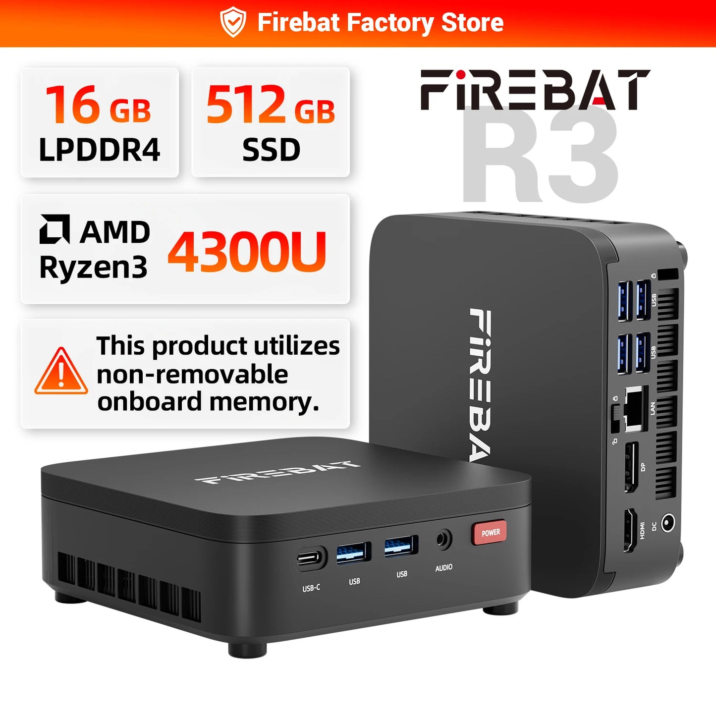 FIREBAT R3 MINI PC AMD Ryzen 5 7430U 6C/12T MAX 4.3GHz 16GB LPDDR4 RAM 512GB SSD WIFI6 BT5.2 Windows 11 Ordinateur de bureau