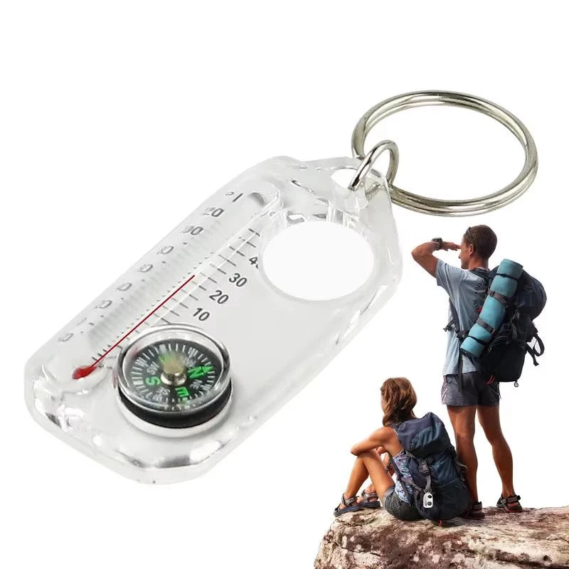 Porte-clés 3 en 1 avec boussole, thermomètre portable, loupe, outils de survie, essentiels pour le camping