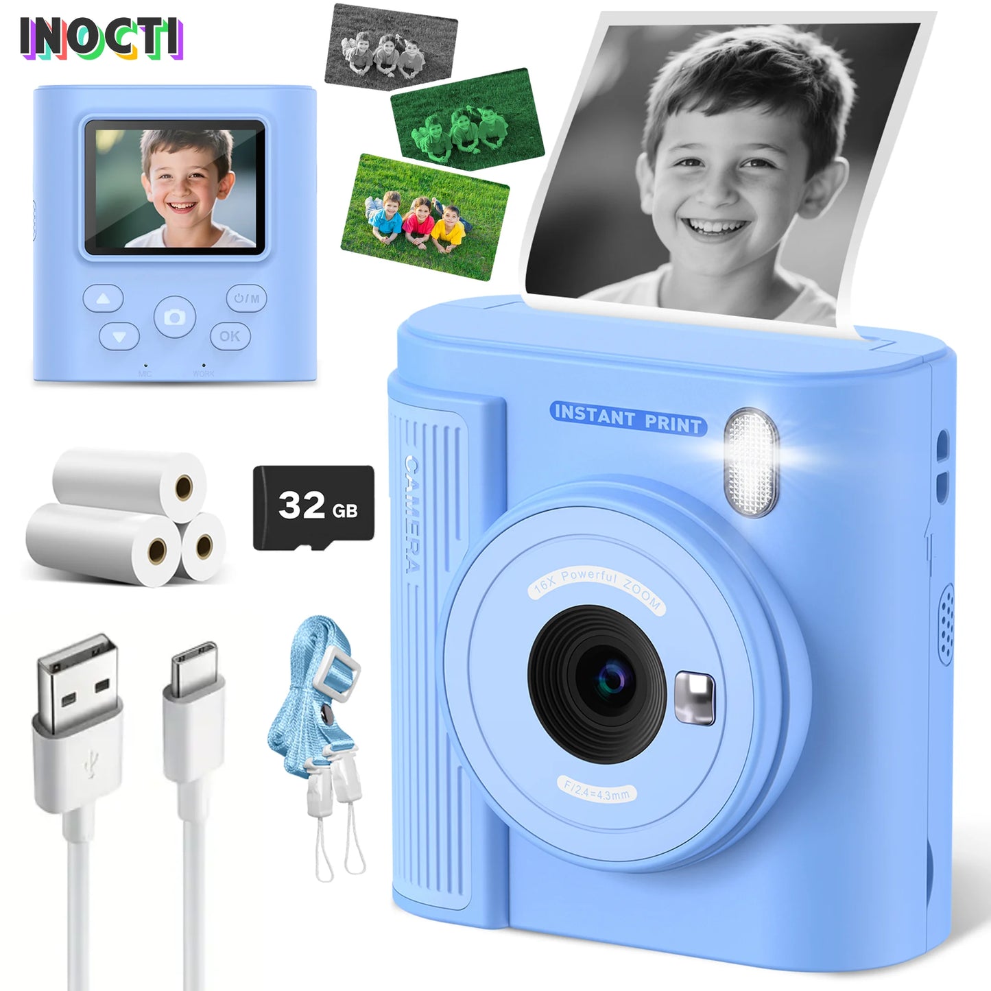 INOCTI Kids Print Camera, Digital Camera for Toddlers, Three Print Papers and 32G Card, for Girls & Boys, Christmas Birthday Gifts