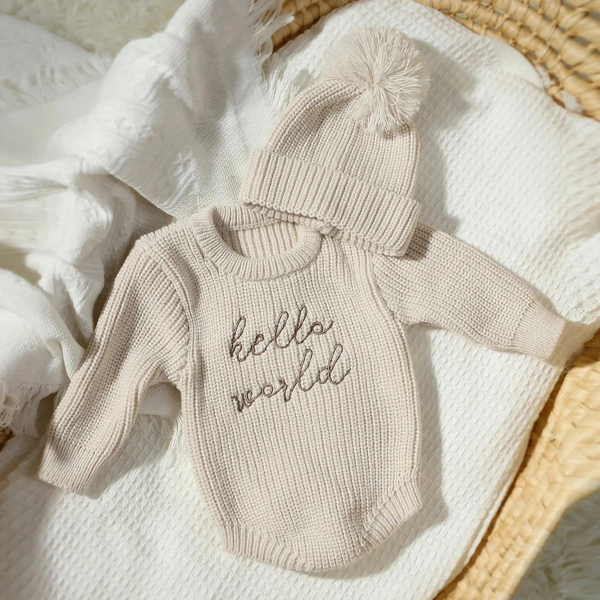 Barboteuse tricotée pour nouveau-né — chapeau à pompon, pull bébé garçon et fille, séance photo HD (v5)