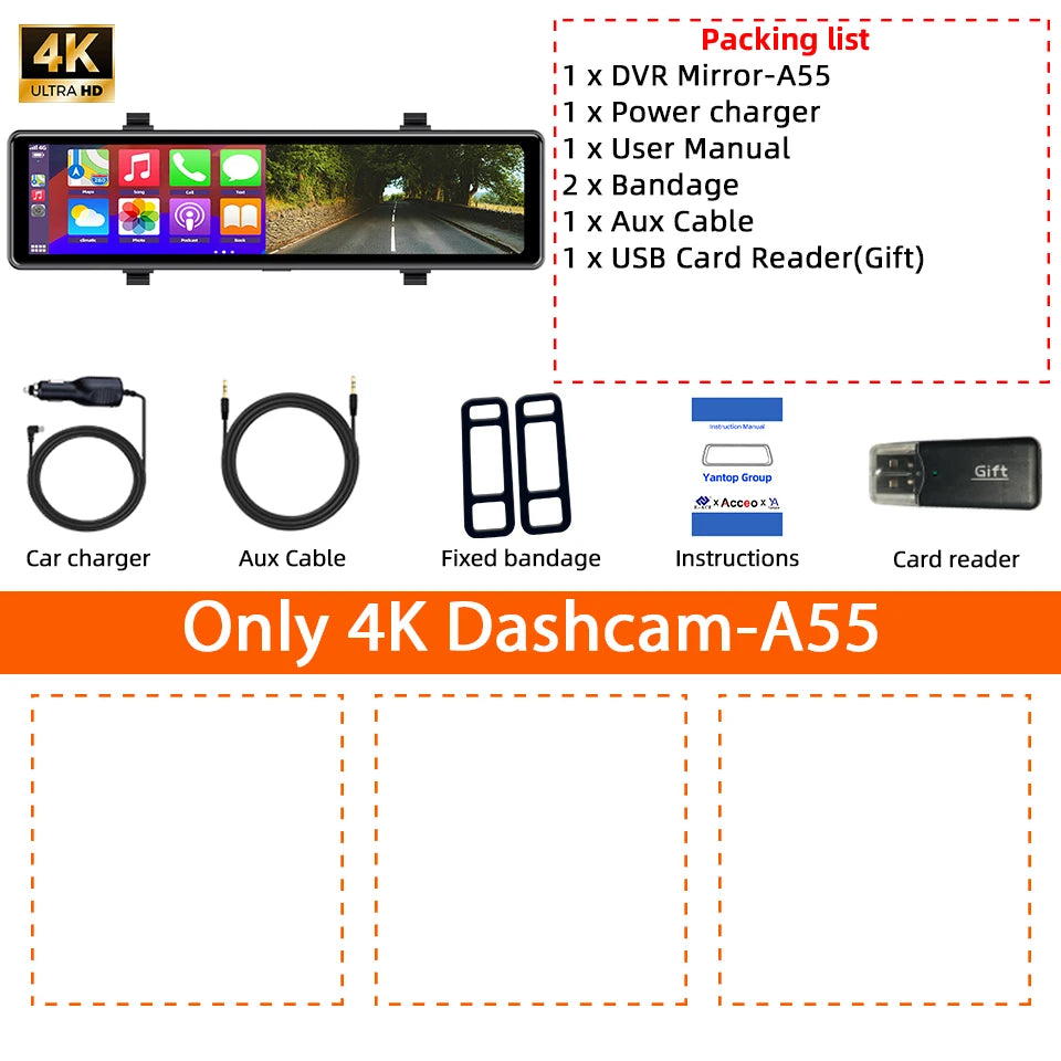 Yangood Dashcam de coche 4K, DVR con espejo retrovisor, compatible con Carplay inalámbrico y Android, grabación en bucle automática, monitoreo de estacionamiento 24H, cámara de salpicadero