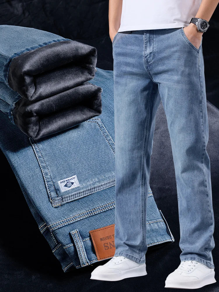 Pantalones vaqueros de invierno cálidos forrados de vellón para hombre, gruesos, elásticos, informales, ligeros para la oficina y el uso diario