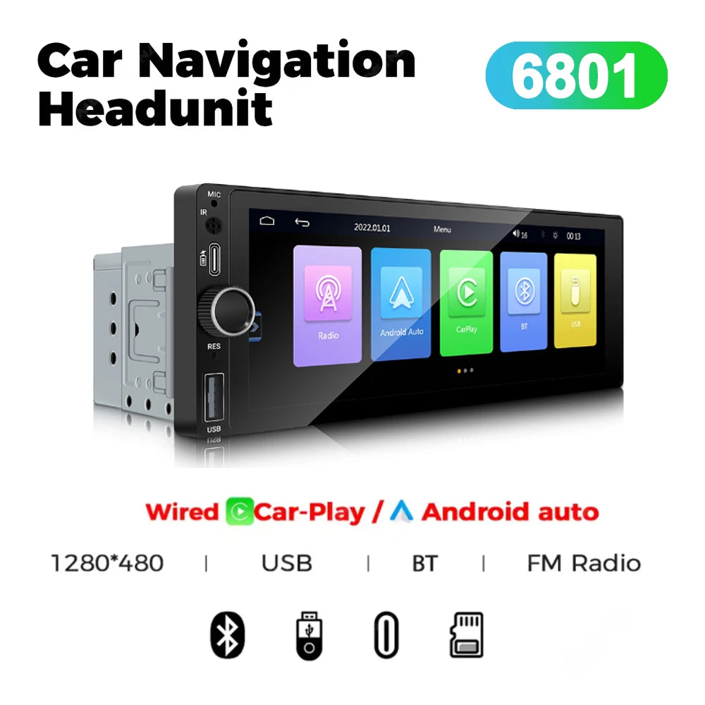 1DIN 6.86 inch Universal MP5 Car Radio Support Wireless Carplay Android AUTO AUX USB BT Touch Screen Multimedia Video Player