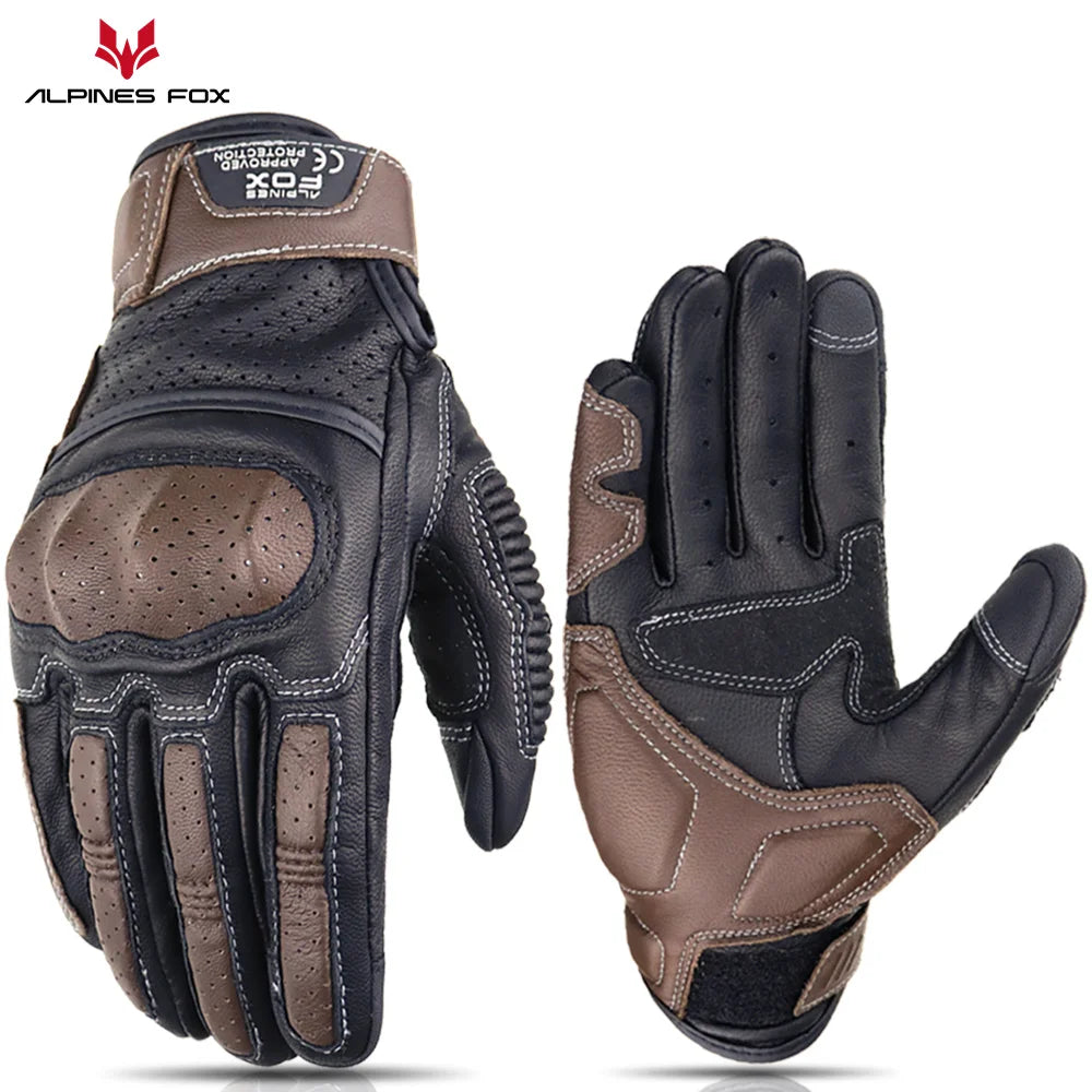 Gants moto en cuir marron vintage pour homme — certification CE, écran tactile, motocross, course