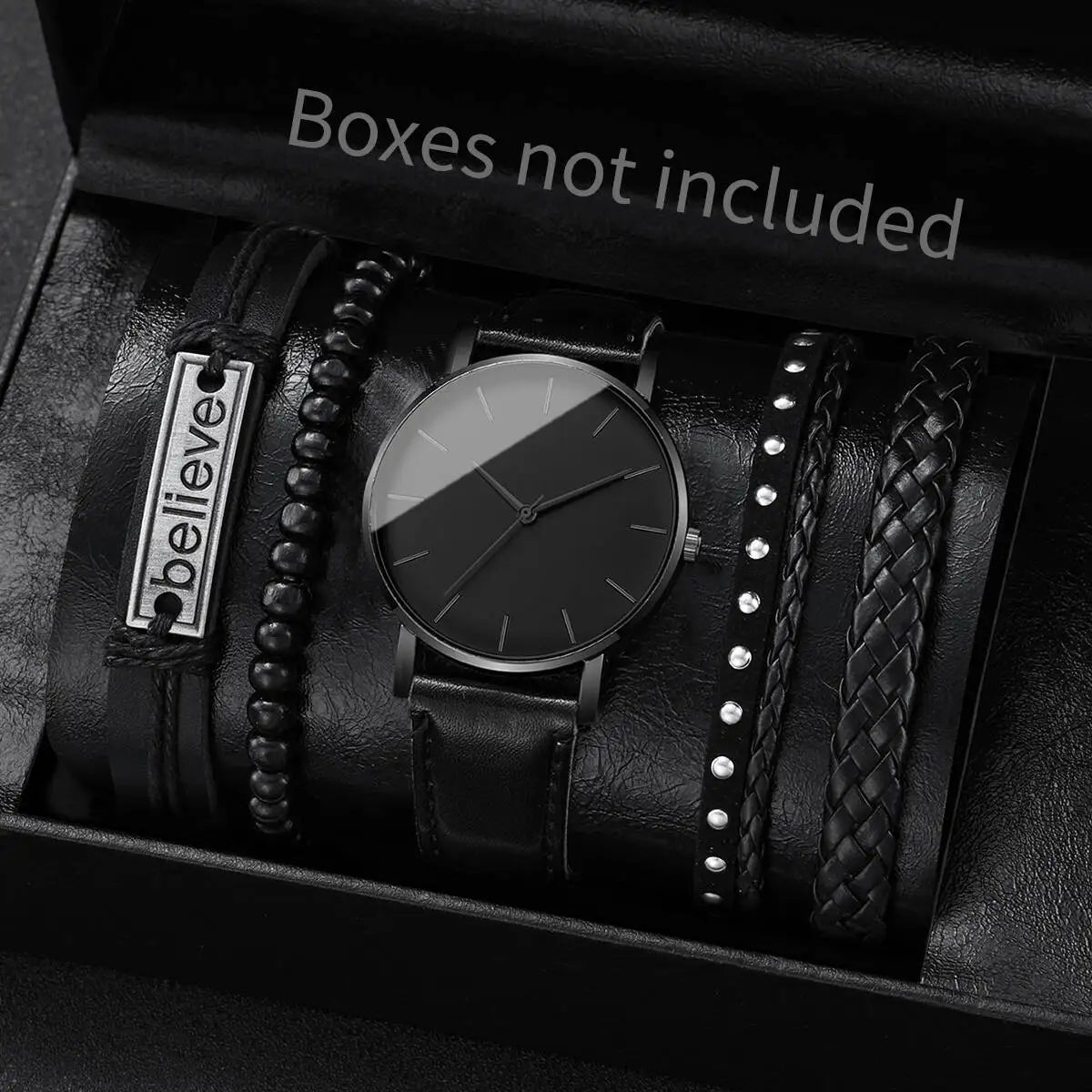 Montres Homme Tendance Ville — Cuir Quartz Vintage Ensemble Bracelets 4-5 Pièces