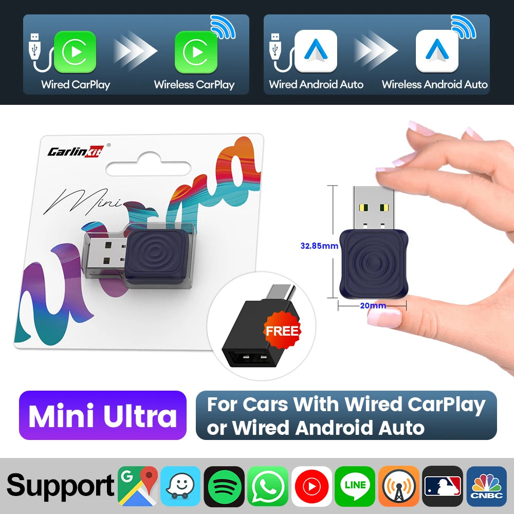 Carlinkit 5 2air Mini Ultra Wireless CarPlay Android Auto Wireless Box 2-in-1 Adapter 2 Channels Work Waze Spotify 5.8Ghz WiFi GPS