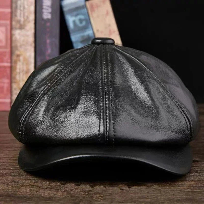 Gorras octogonales de piel de vacuno para hombres y mujeres, sombrero frontal, 100% cuero genuino, gorra cálida, boina de pintor masculina, primavera e invierno