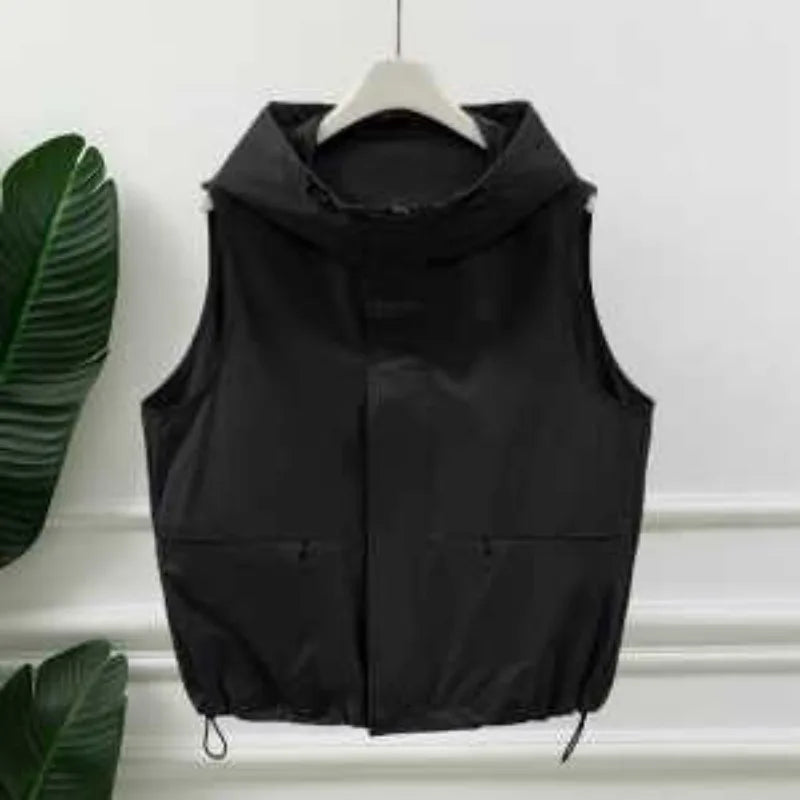 Gilet utilitaire sans manches à capuche gris clair pour femmes, fermeture éclair sur le devant, cordon de serrage, poche à la taille, Gilet superposé décontracté pour l'extérieur