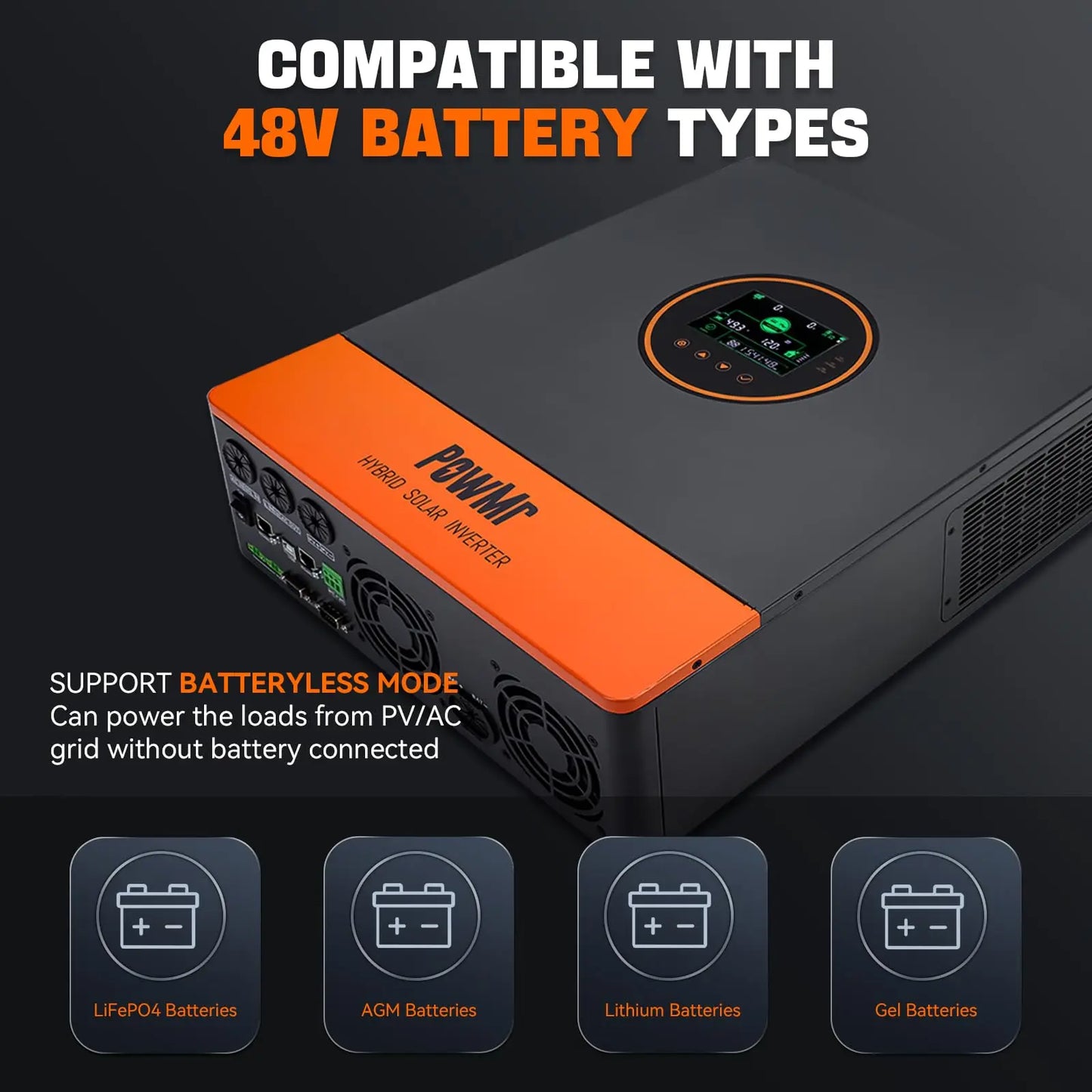 PowMr USA 5.2KW 48V 110Vac Hybrid Solar Inverter can Split Phase Output 220Vac When Parallel Pure Sine Wave MPPT 100A PV 500Vdc