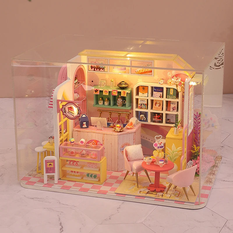 Wooden Dollhouse, Garden Model, 3D Puzzle, Assemble Building Kits, Toys, Bedroom Decor with LED Lights, Dollhouse Gift, DIY