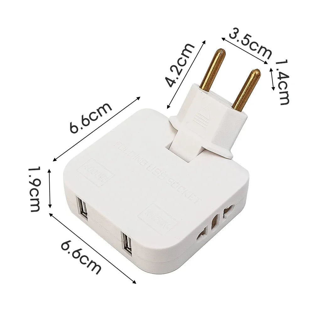 Convertidor de enchufe de la UE 4 en 1 de 180° Enchufe giratorio para carga de teléfono móvil, 2 USB y 2 tomas de corriente CA universales, adaptador de corriente