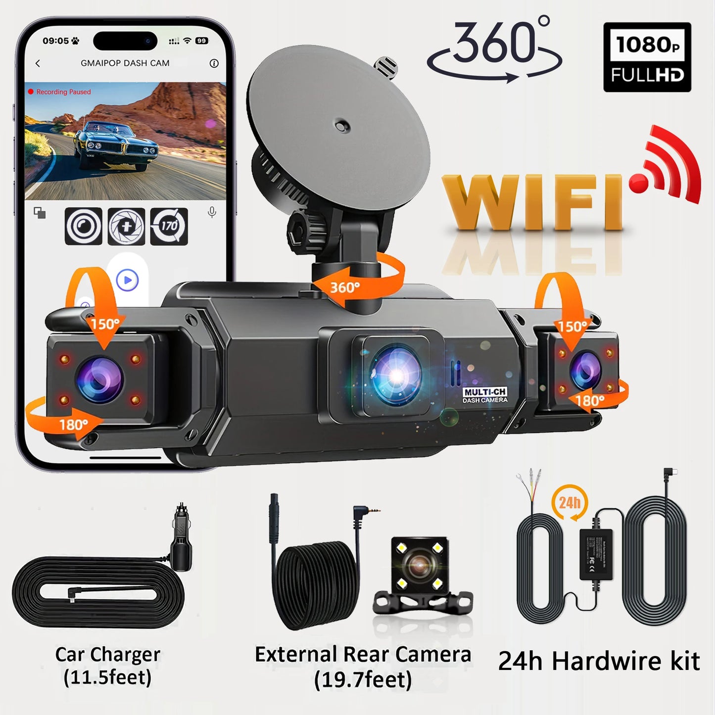 Dashcam 4 Canaux WiFi Boîte Noire — FHD 1080P Vision Nocturne Enregistrement Boucle