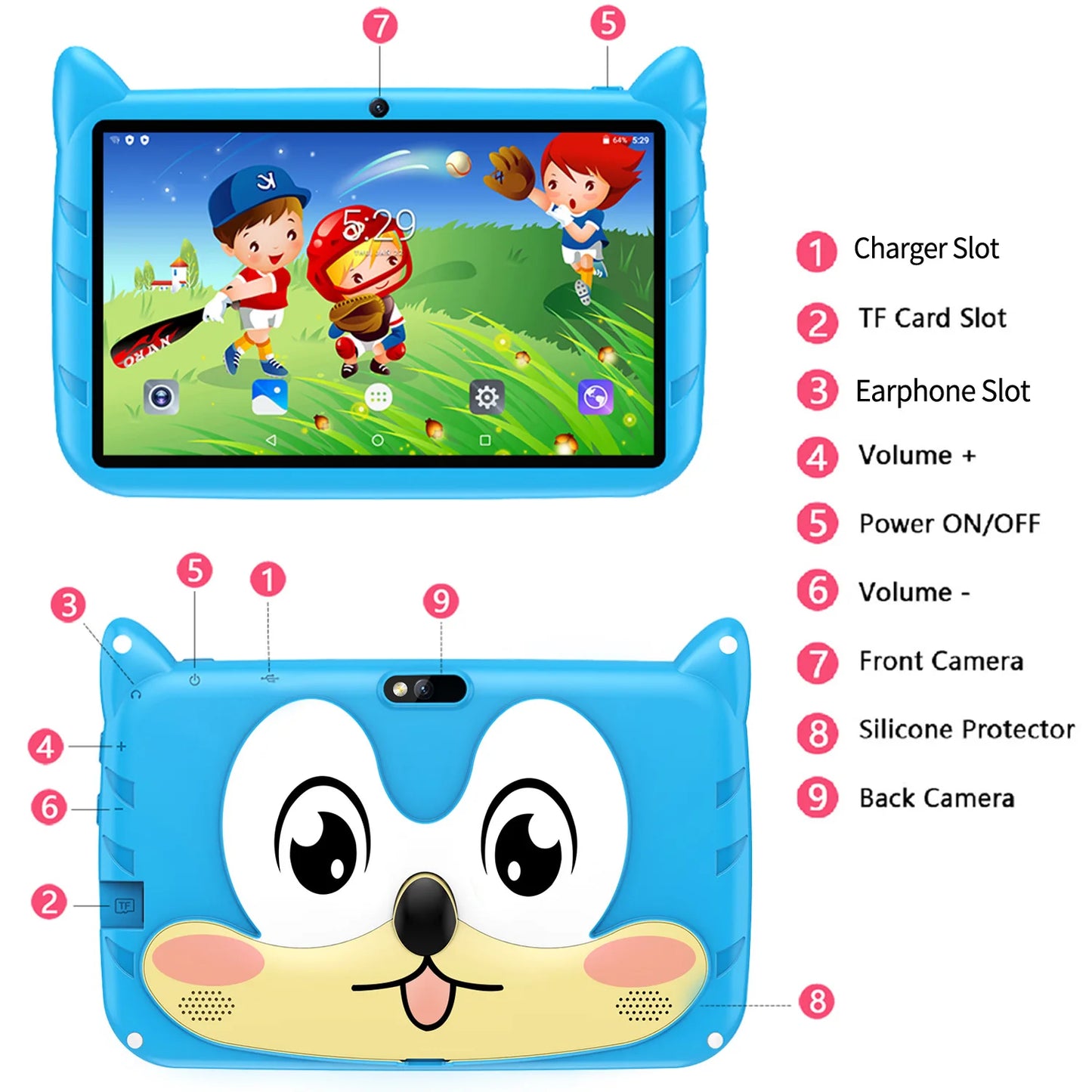 BDF-Android 13 Kids Tablet, 1TB Expandable, 4GB RAM, 64GB ROM, 5G WiFi, 4000mAh Battery, Sightseeing Camera, Kids Gift, Kids Software, 7 Inch