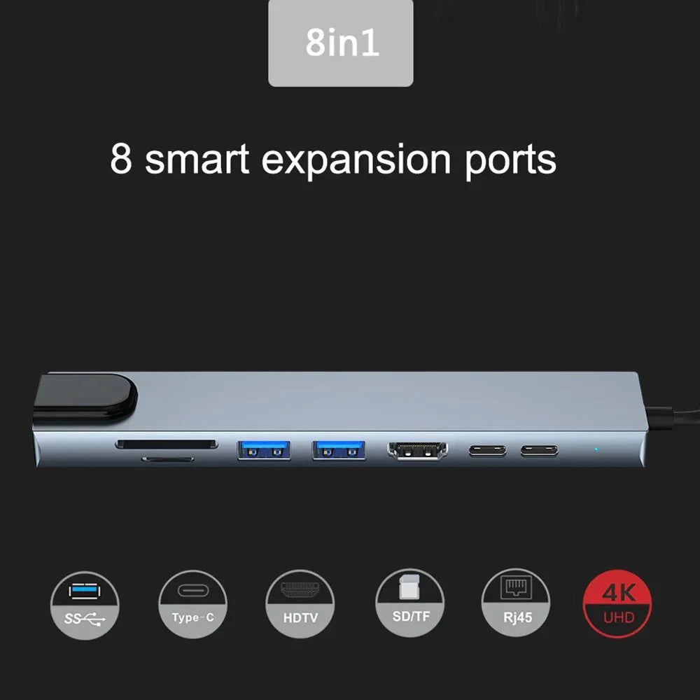 Concentrador USB 3.0 tipo C Estación de acoplamiento USB C a HDMI 4K 30HZ tipo C a RJ45 100Mbps Adaptador Ethernet Extensor VGA Auriculares PD 100W
