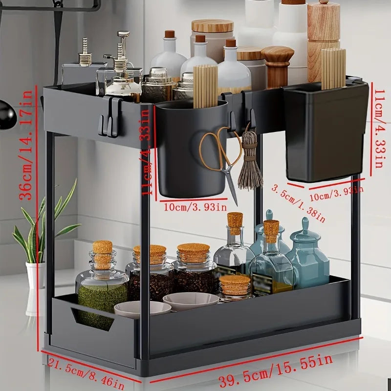 Organisateur d'évier de cuisine multifonction à 2 niveaux, panier d'armoire coulissant avec crochets, tasse suspendue, nouveau support peu encombrant pour salle de bain et cuisine