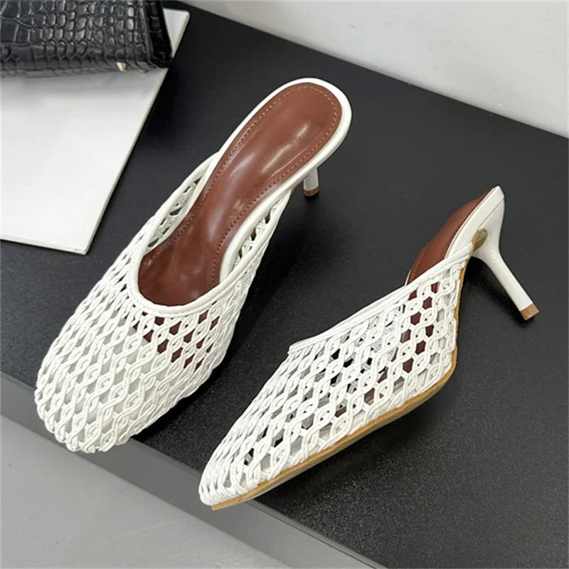 Aneikeh Moda Puntera Cuadrada Hueca Mules Zapatos de Tacón Alto Aguja Verano Mujer Zapatillas Transpirables Malla Sandalias Zapatos de Mujer