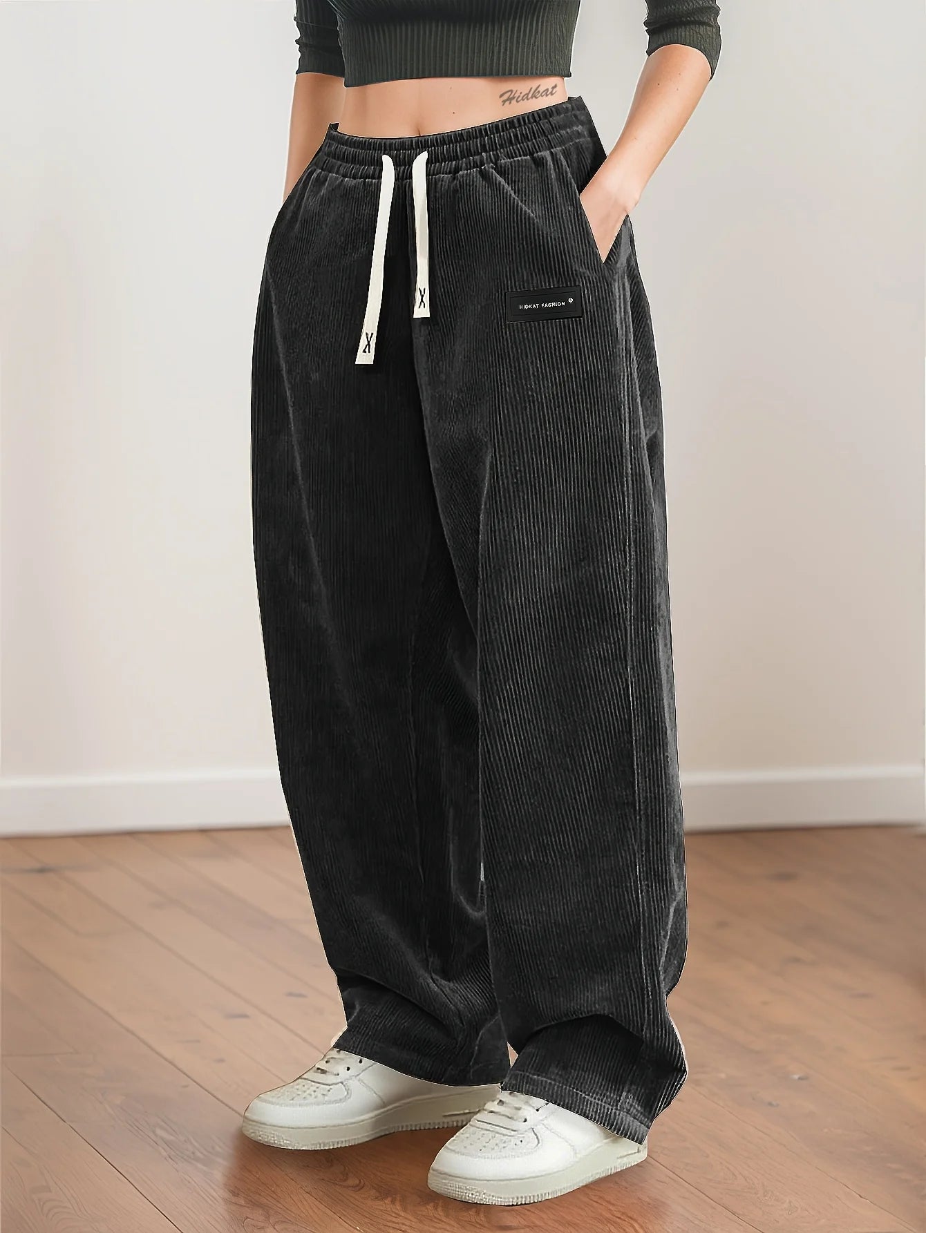 Women's Corduroy Pants, Straight Leg Drawstring Waist Trousers with White Piping, Casual All Seasons to Semi-Formal