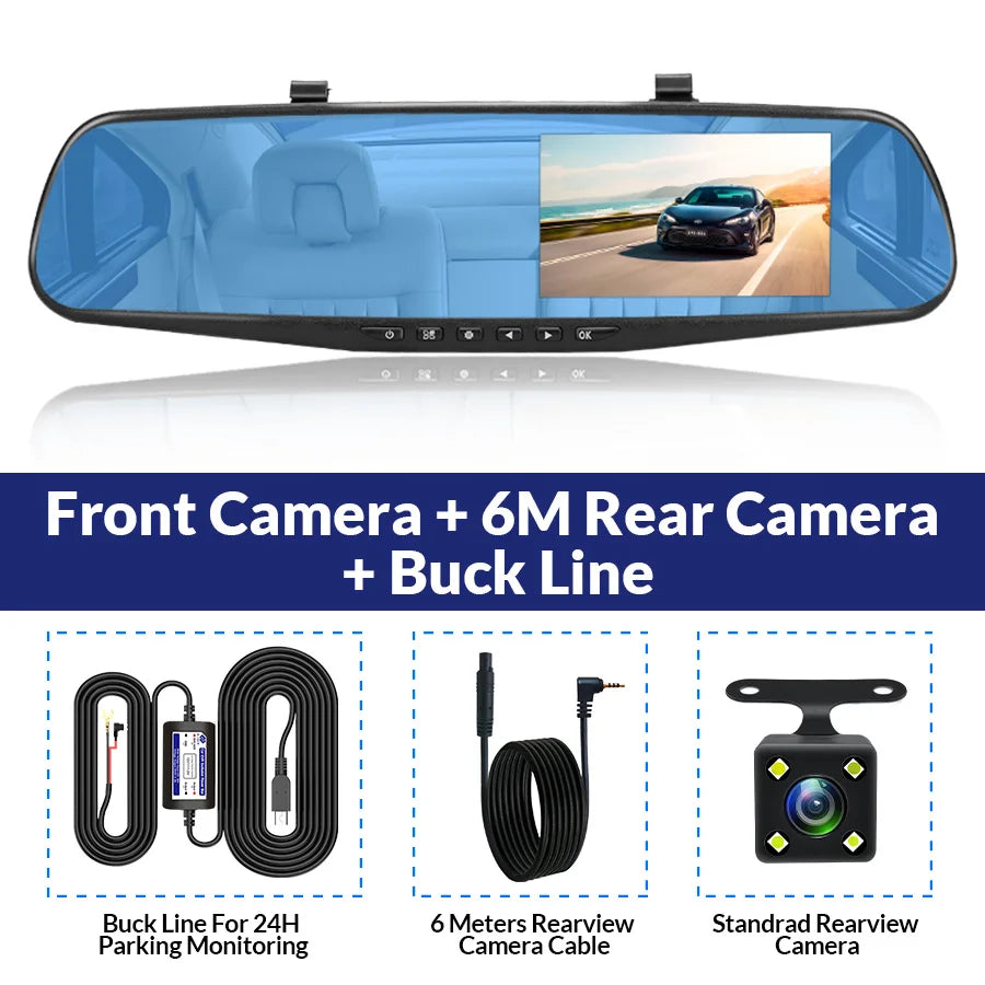 Dash Cam 4.3 inch Mini Digital Rearview Mirror Dashcam, Dual Front and Rear Cameras IPS Front and Rear Registrar Black