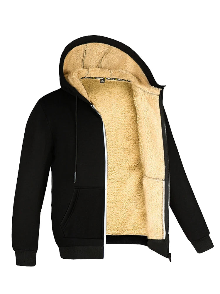 Men's and Women's Lambswool Hooded Jacket, Warm Coat, Long Sleeve, Zip-Up Hoodie, Casual, Sport, Smile, Black, Winter