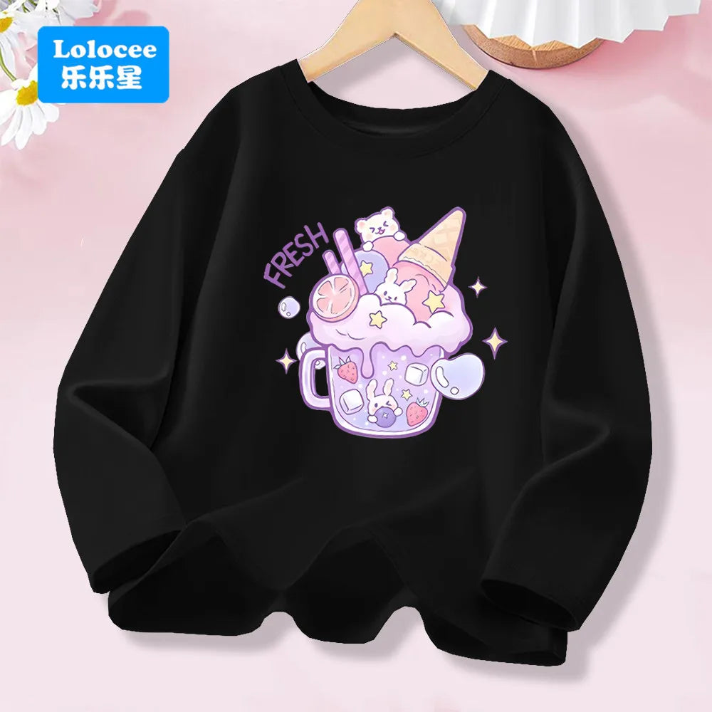T-shirt rose à manches longues pour filles de 3 à 14 ans, haut en coton pour enfants, mignon "FRESH", imprimé boisson et Animal, nouvelle collection printemps 2026