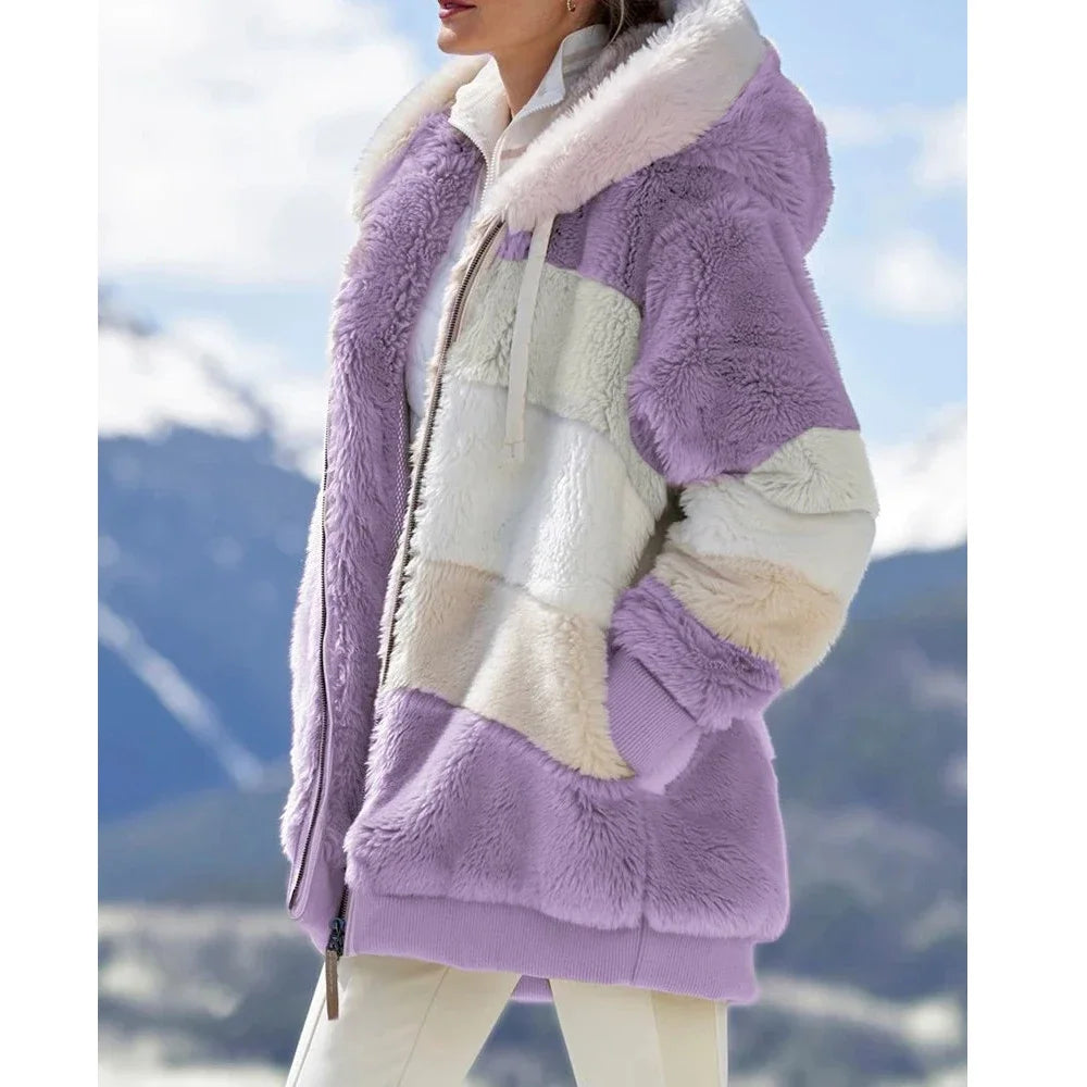 Winter Women's Coat 2025 Hooded Zipper Ladies Jacket Spliced Thick Cashmere Women's Jacket Stitching Plaid Ladies Coats