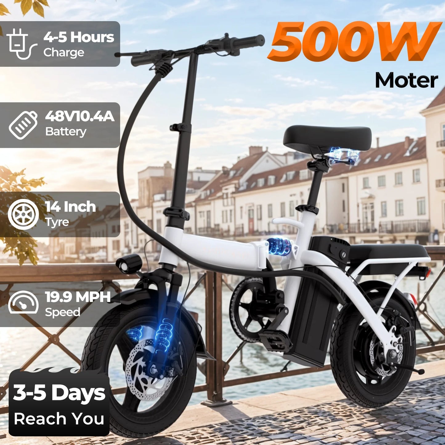 14-inch Electric Bicycle, Easy-Folding Adult Commuter Electric Bike, 500W Motor, Removable Battery, 20 Miles Max Range