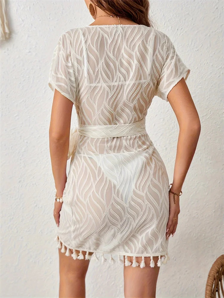 Robe de plage blanche en dentelle, Cover-Up pour les maillots de bain femmes, Sexy, col en v, tunique longue, paréos, tenue de plage