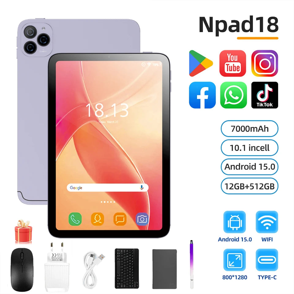 Tablette 10,1 pouces — 12 Go RAM, 512 Go, Android 14, 7000 mAh, double SIM, WiFi, Bluetooth 5.0